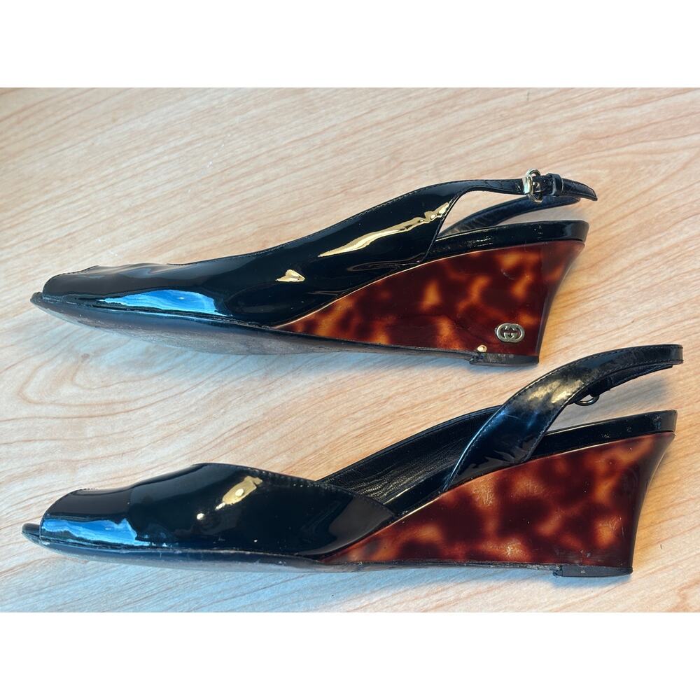 Vintage Gucci Vitello Vernice Wedge Sandals Tortoise Shell Print Size 7.5 B - Picture 4 of 11
